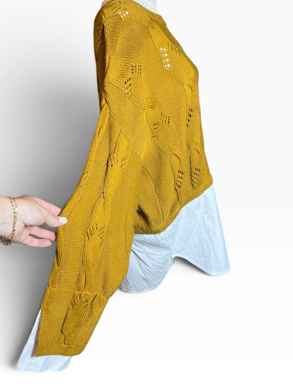 Pilcro Anthropologie Cable Knit Layered Shirt Sweater Mustard L Preppy NWT - Picture 4 of 8